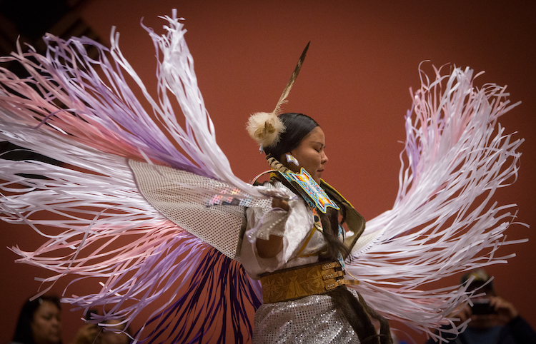 Native American woman doing fancy shawl dance at Wind River Hotel & Casino in Riverton, Wyoming