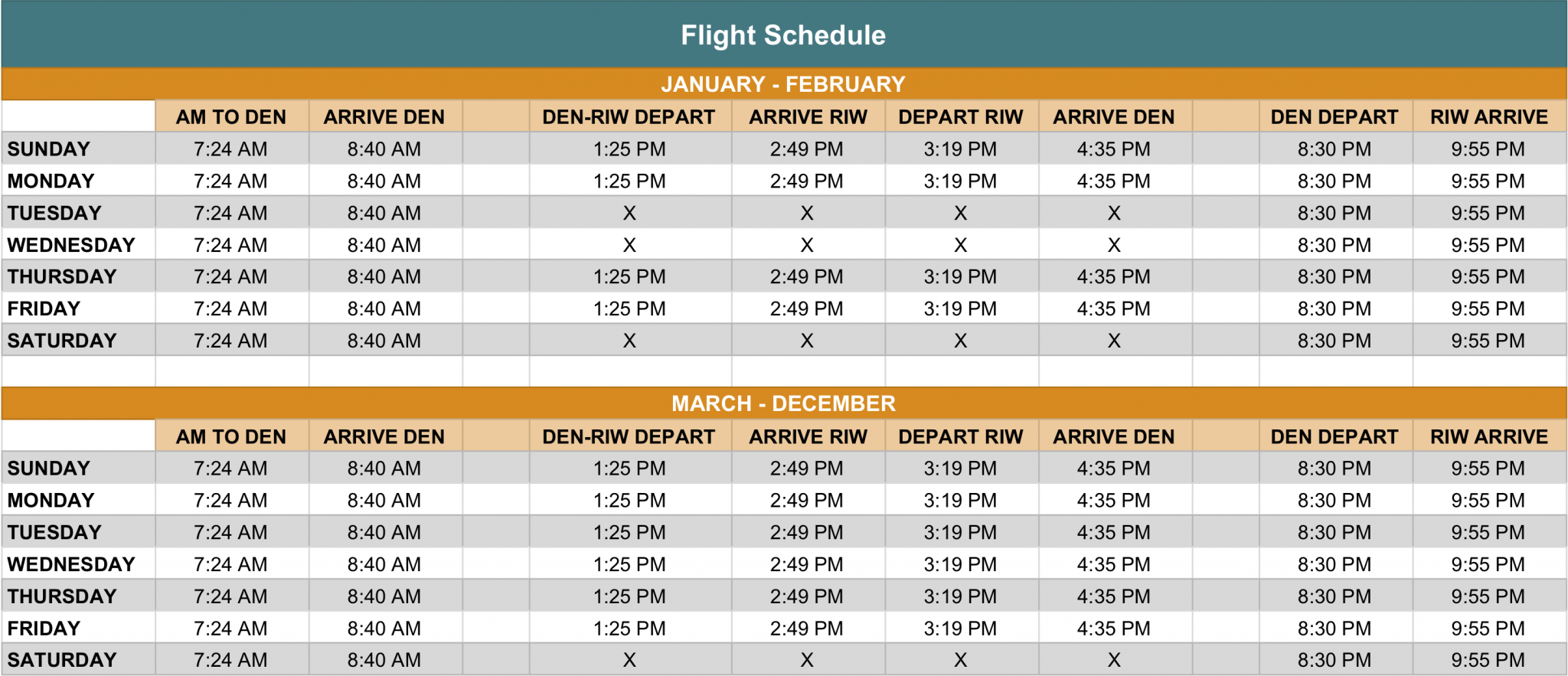 FLYRiverton Trip Comparison Flight Schedule Central Wyoming Airport
